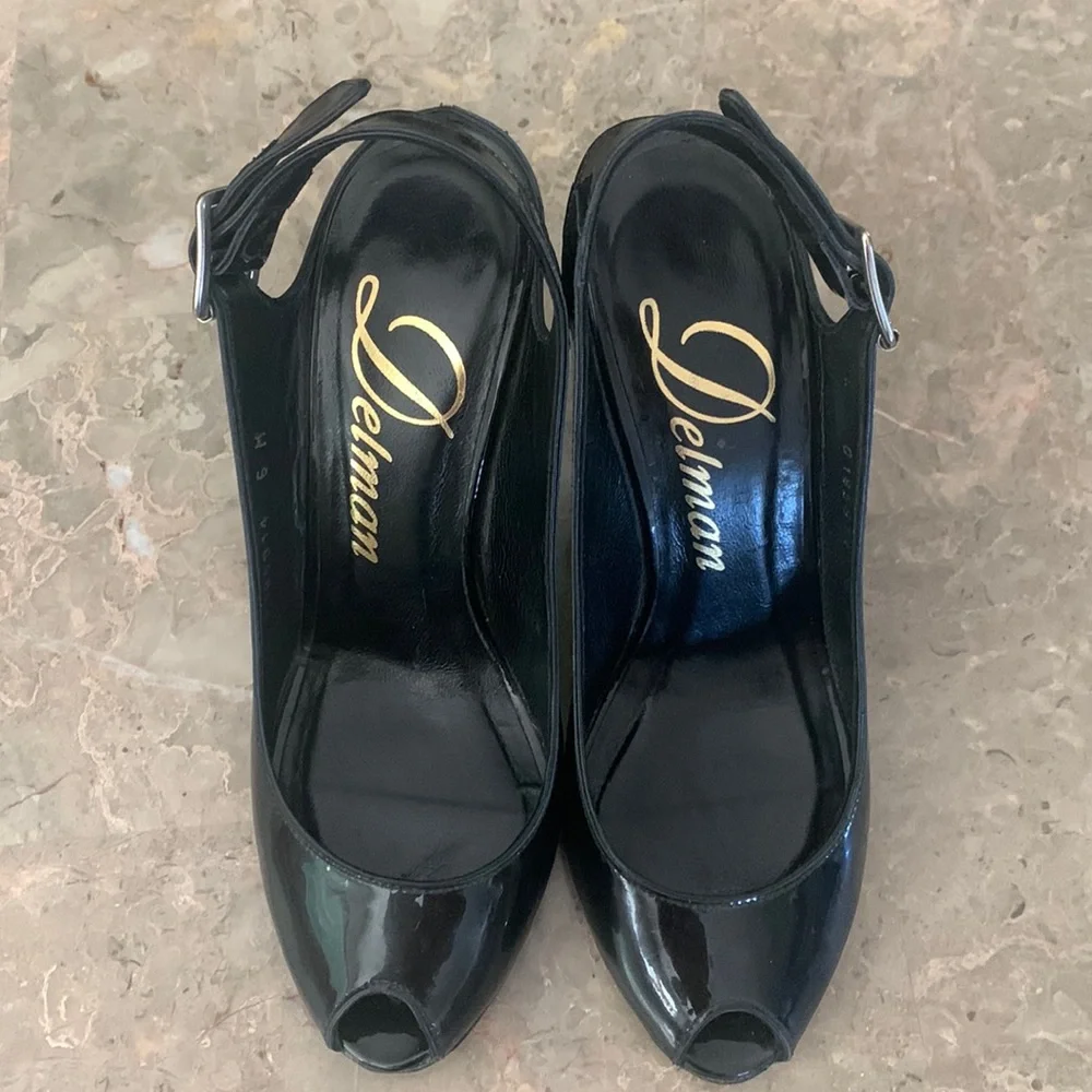 Delman Black Patent Leather Peep Toe Slingback Heels Size 6